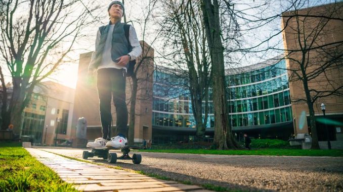 Electric skateboard on the sidewalk